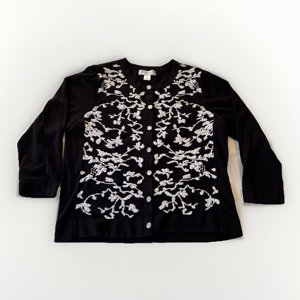 Christopher & Banks Petites P/M‎ Black Cardigan White Embroidery Pearl Buttons
